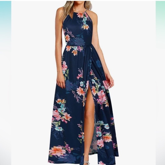 Dresses & Skirts - Navy Floral Halter Maxi Dress with Pockets